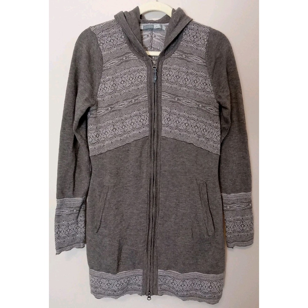 athleta Women Heather Brown Pattern Full Zip‎ Wool Nylon Hood Sweater Size M